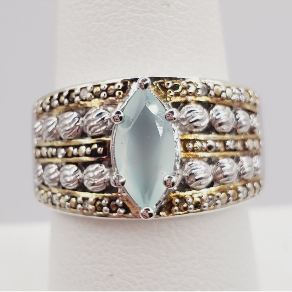 Genuine Blue Agate & Diamond 14k Yellow Gold - 925 Sterling Silver Band Ring